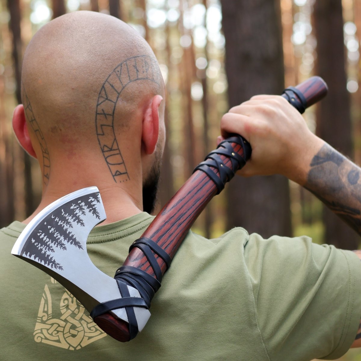 Hand forged axe "Forseti" with forest engraving from AncientSmithy