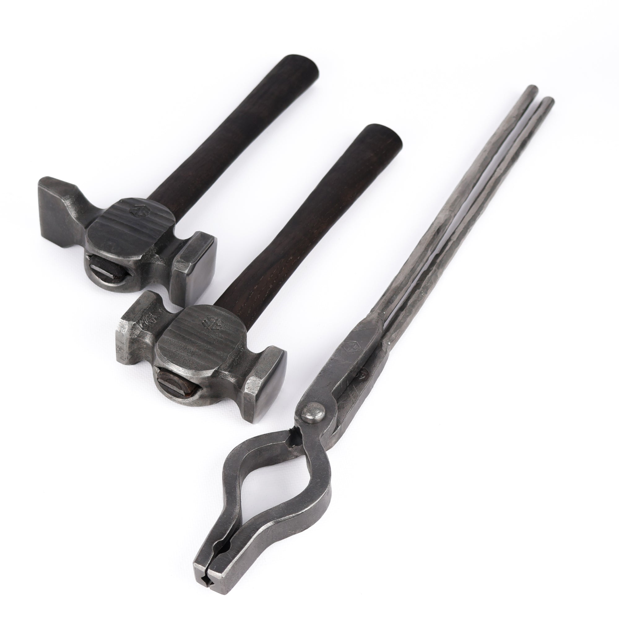 Blacksmith set of 3: Cross peen and rounding hammer with blacksmithing universal tongs