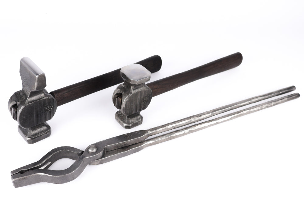 Blacksmith set of 3: Cross peen and rounding hammer with blacksmithing universal tongs