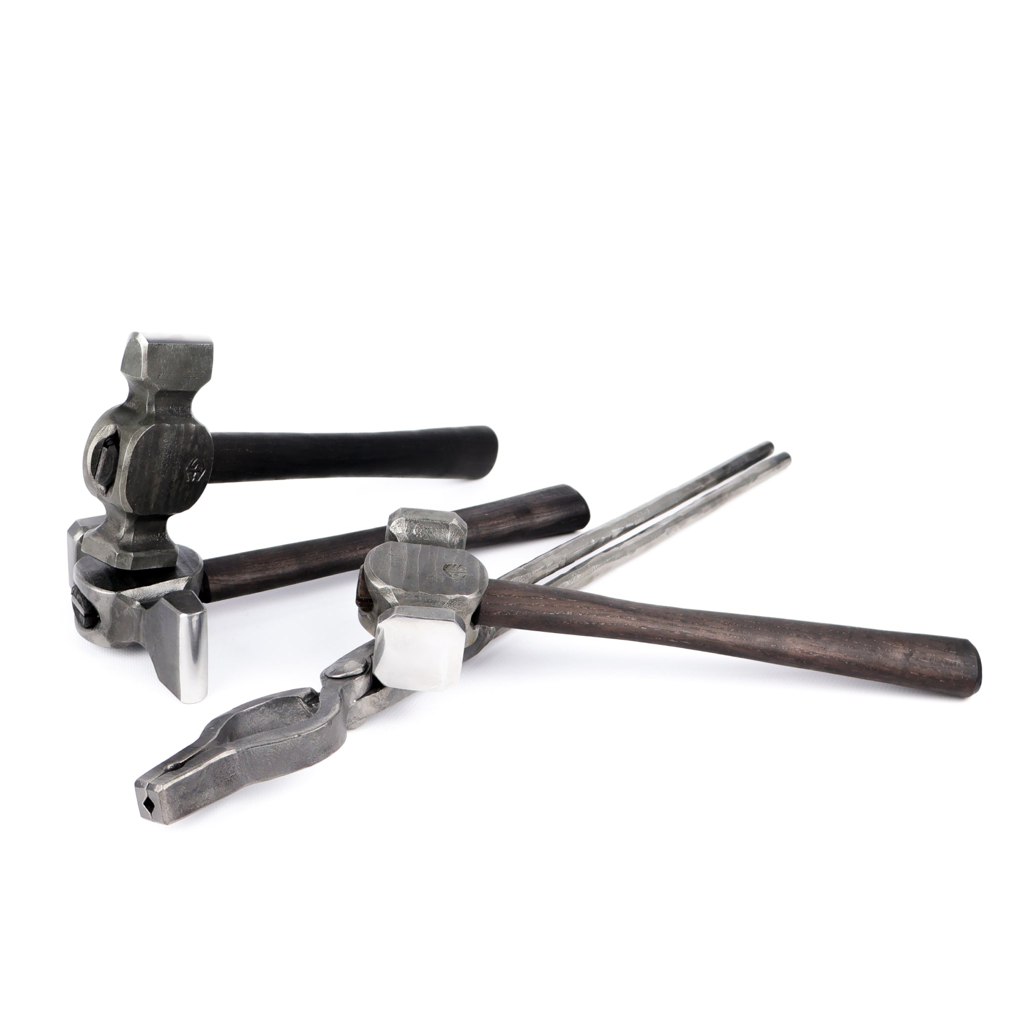 Blacksmith hammers set: cross peen, rounding, straight peen and blacksmithing universal tongs