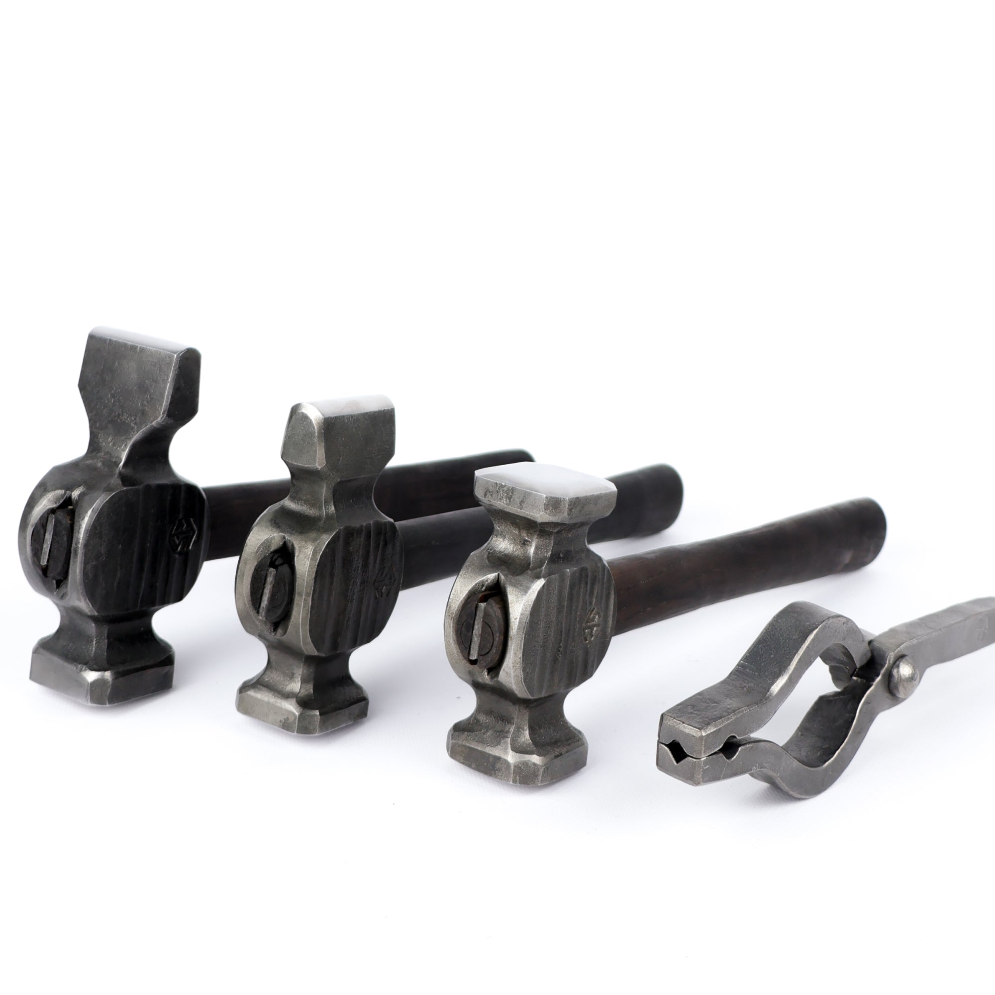 Blacksmith hammers set: cross peen, rounding, straight peen and blacksmithing universal tongs