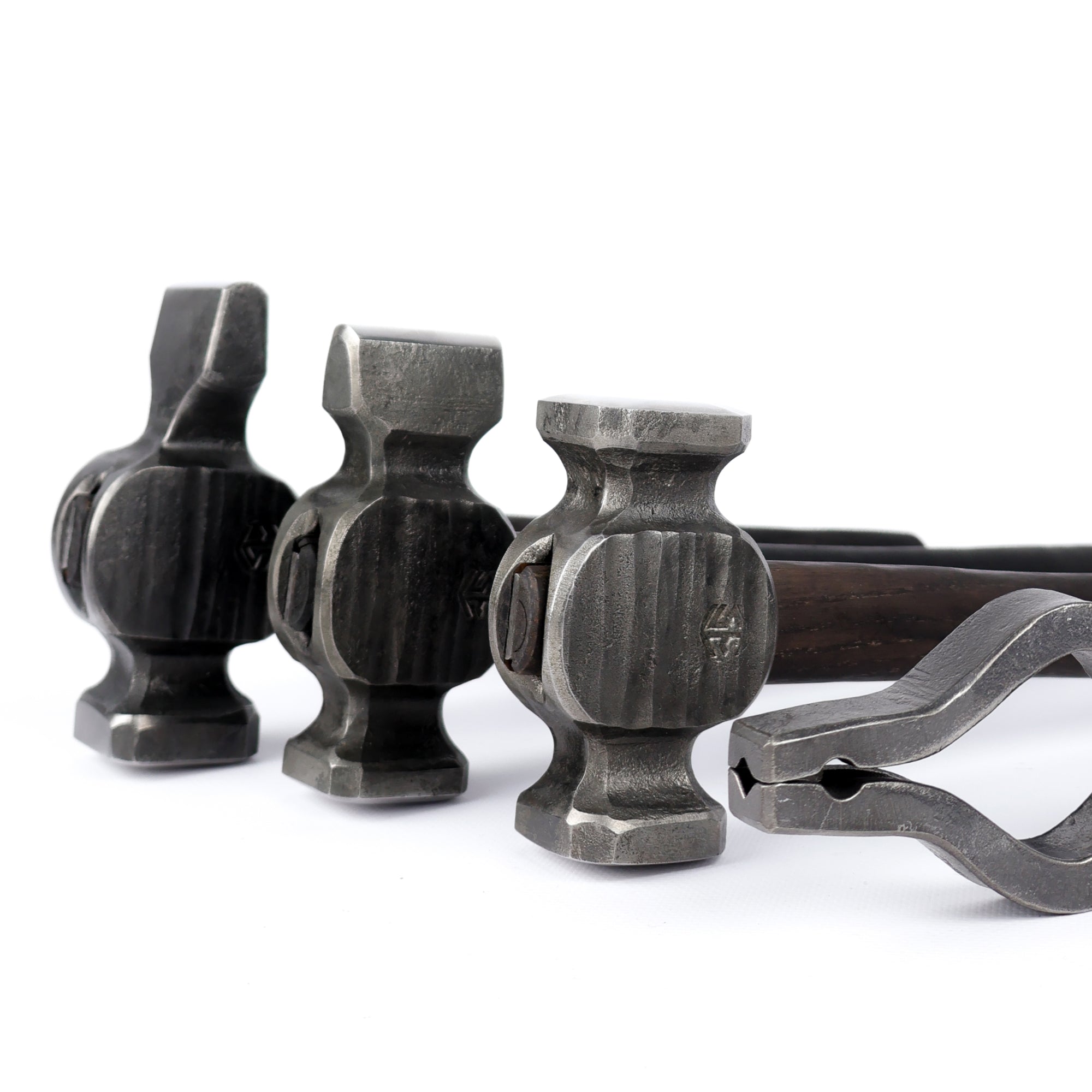 Blacksmith hammers set: cross peen, rounding, straight peen and blacksmithing universal tongs