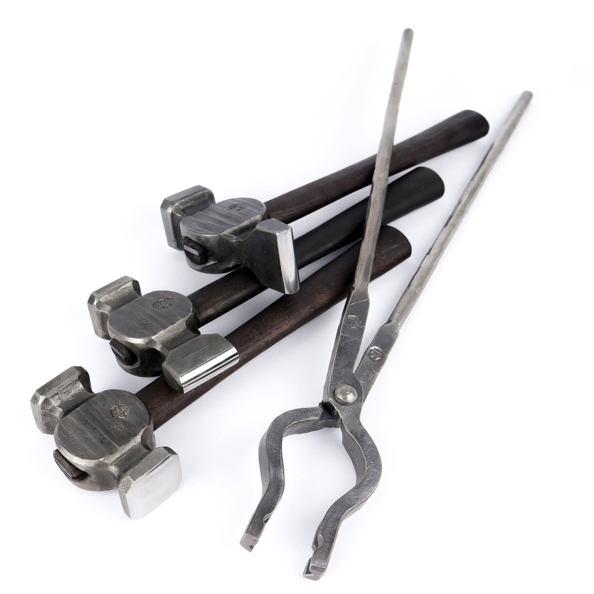 Blacksmith hammers set: cross peen, rounding, straight peen and blacksmithing universal tongs