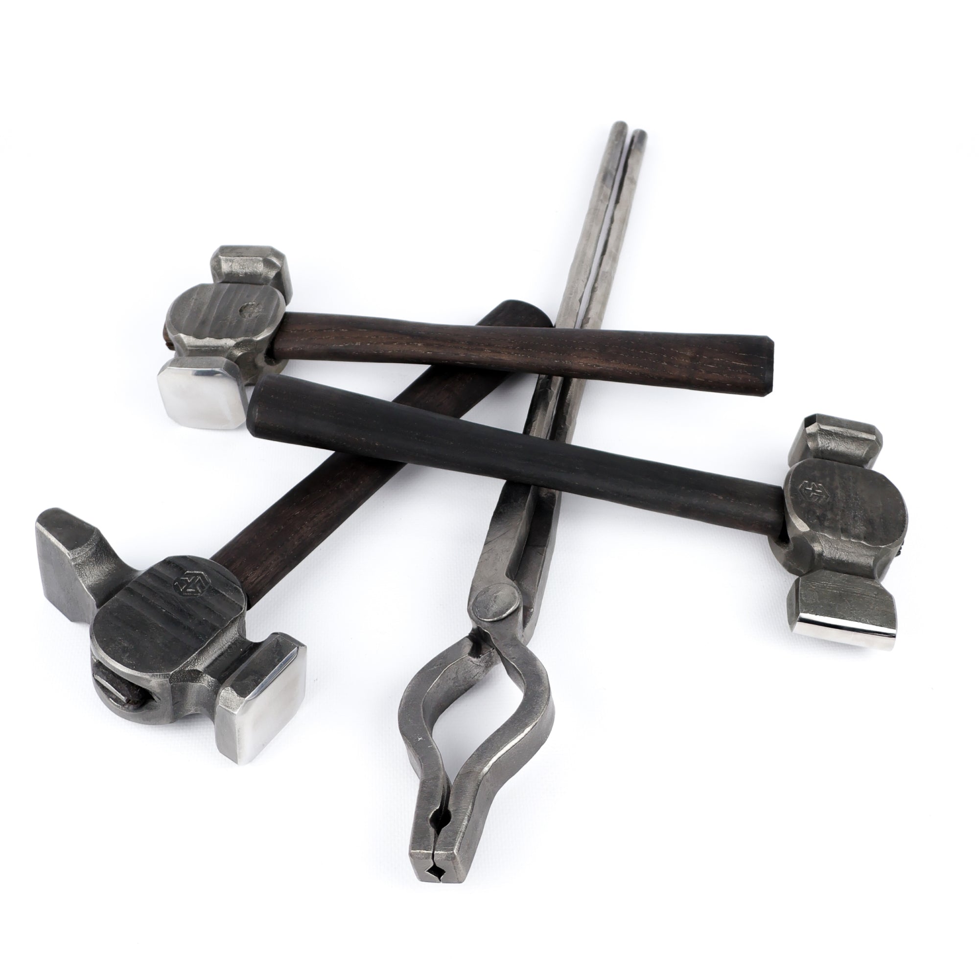 Blacksmith hammers set: cross peen, rounding, straight peen and blacksmithing universal tongs