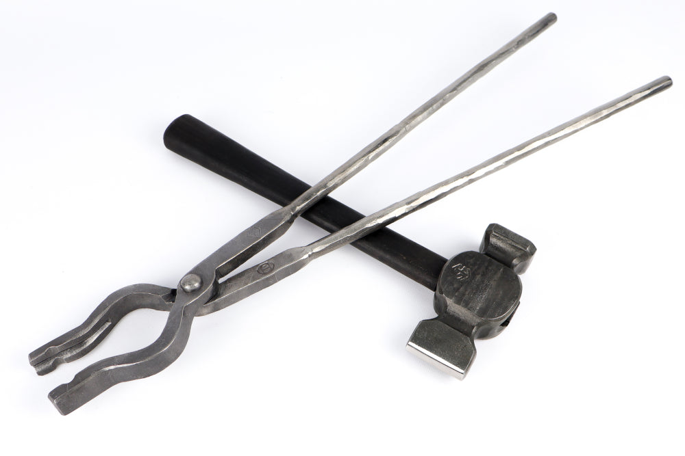 Set of 2: Straight peen blacksmith hammer and universal tongs